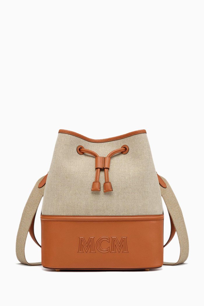Aren Drawstring Shoulder Bag in Linen, Brown
