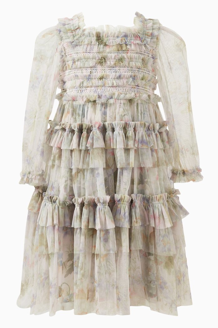 Floral Wreath Smocked Dress in Recycled Tulle, Multicolour