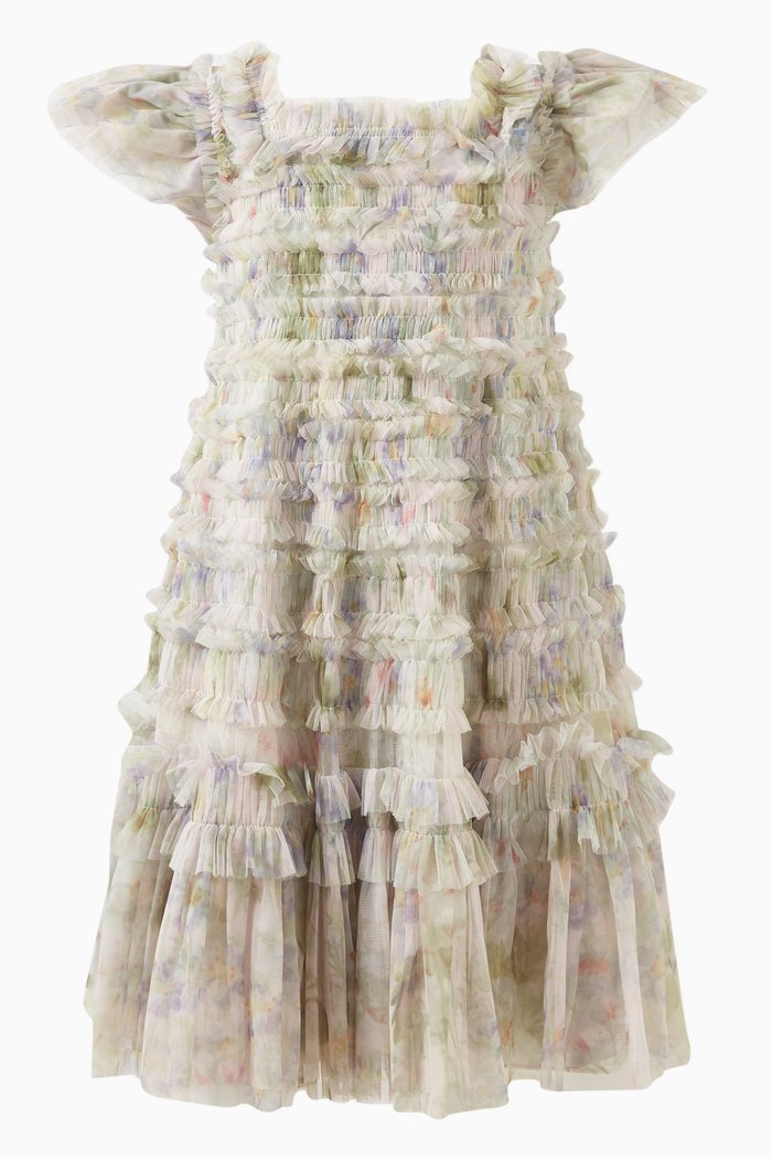 

Floral Wreath Ruffled Dress in Recycled Tulle, Multicolour