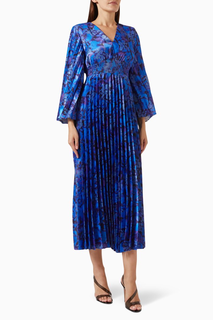 

Floral-print Pleated Midi Dress in Satin, Blue