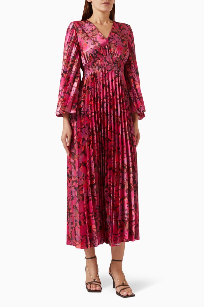 

Floral-print Pleated Midi Dress in Satin, Pink