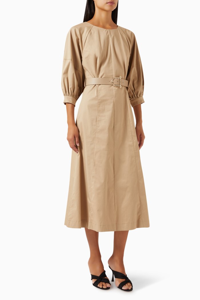 

Belted Midi Dress in Stretch-cotton, Neutral