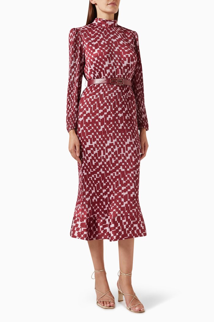 

Belted Midi Dress in Plissé, Red