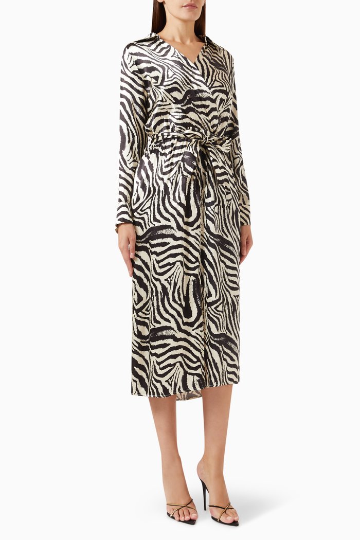 Zebra-print Midi Dress in Satin, Black