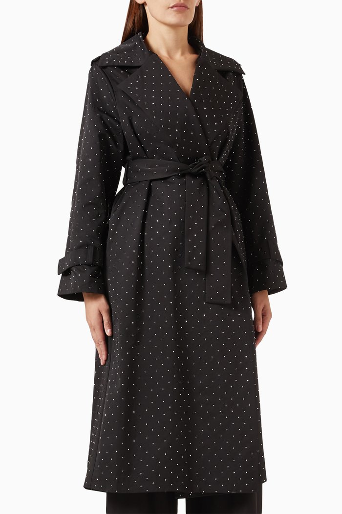 Embellished Belted Coat, Black
