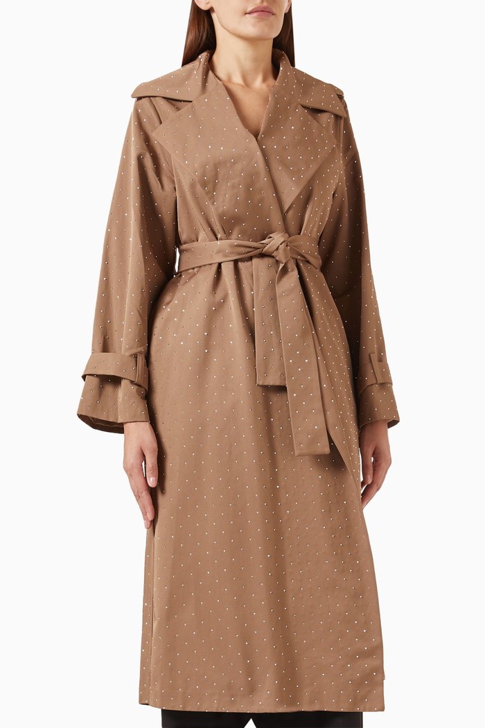 

Embellished Belted Coat, Brown