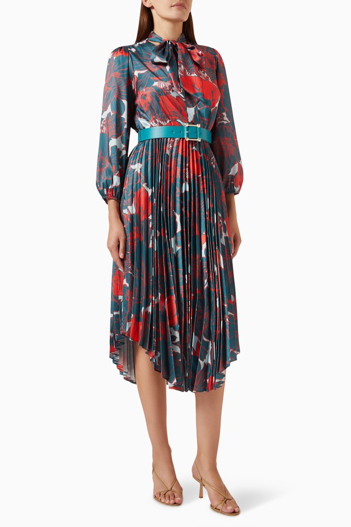 

Pleated Midi Dress in Satin, Green