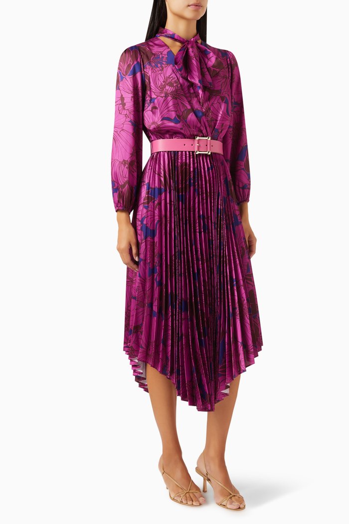 

Pleated Midi Dress in Satin, Purple