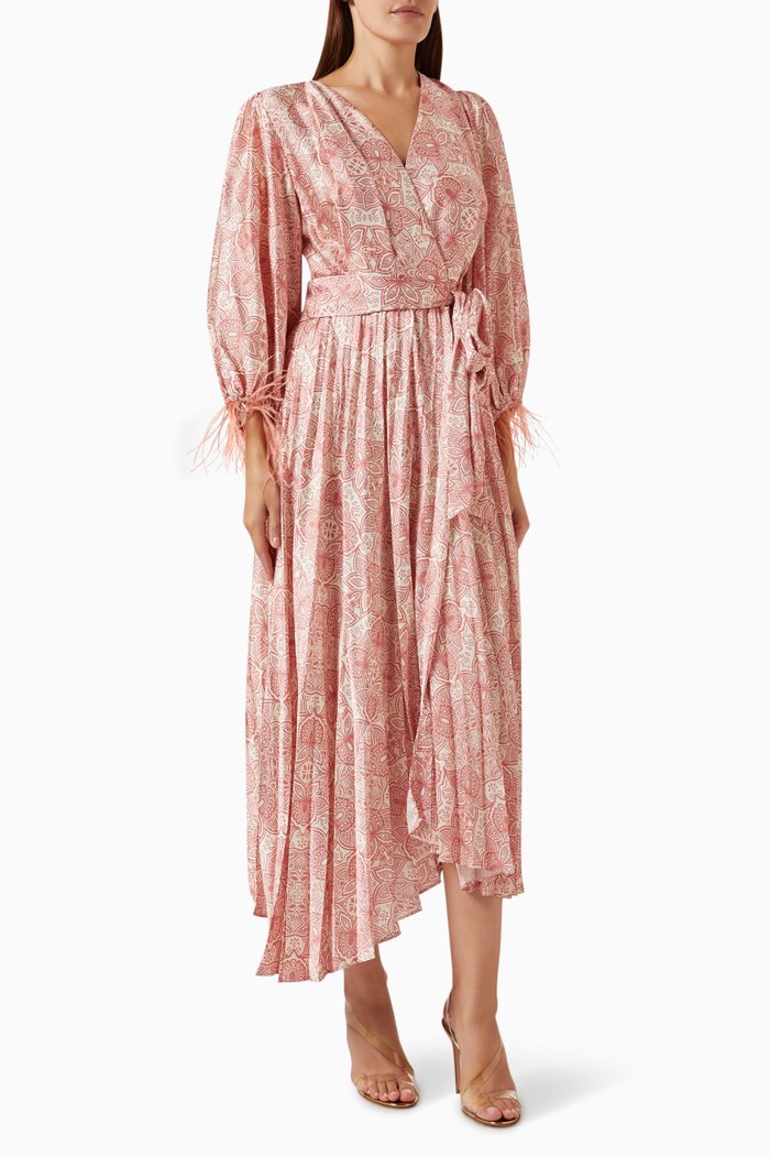 

Printed Wrap Midi Dress in Satin, Pink