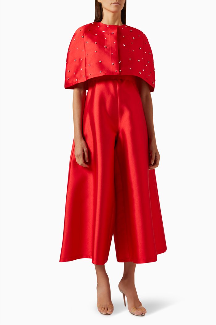 

Crystal-embellished Jumpsuit & Cape Set in Brocade, Red