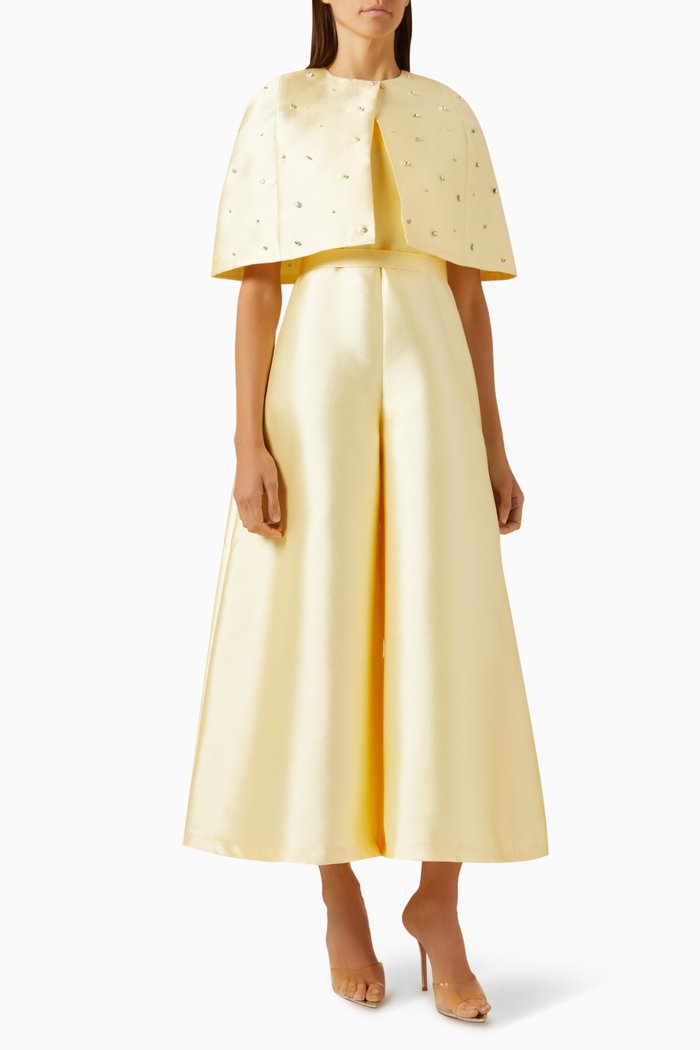 

Crystal-embellished Jumpsuit & Cape Set in Brocade, Yellow