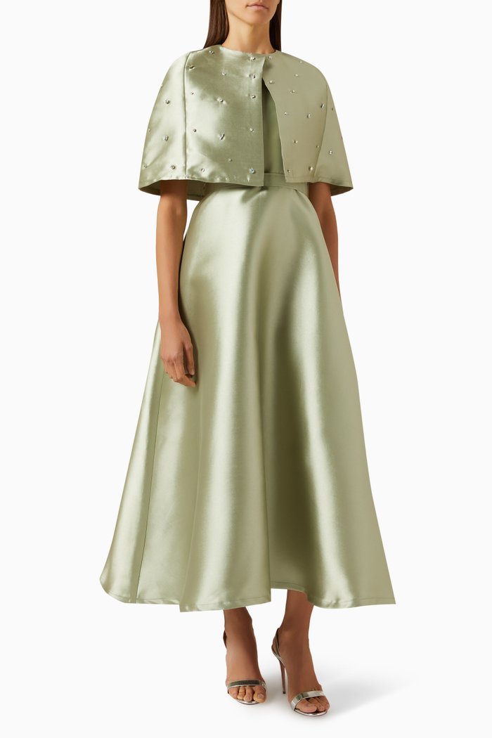 Crystal-embellished Dress & Cape Set in Brocade, Green
