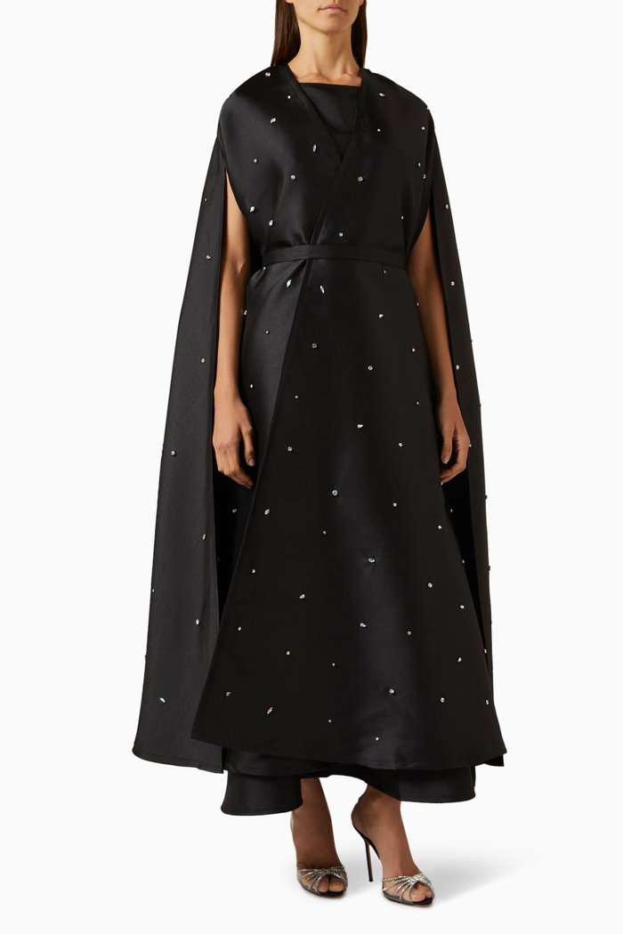 

Crystal-embellished Dress & Cape Set in Brocade, Black