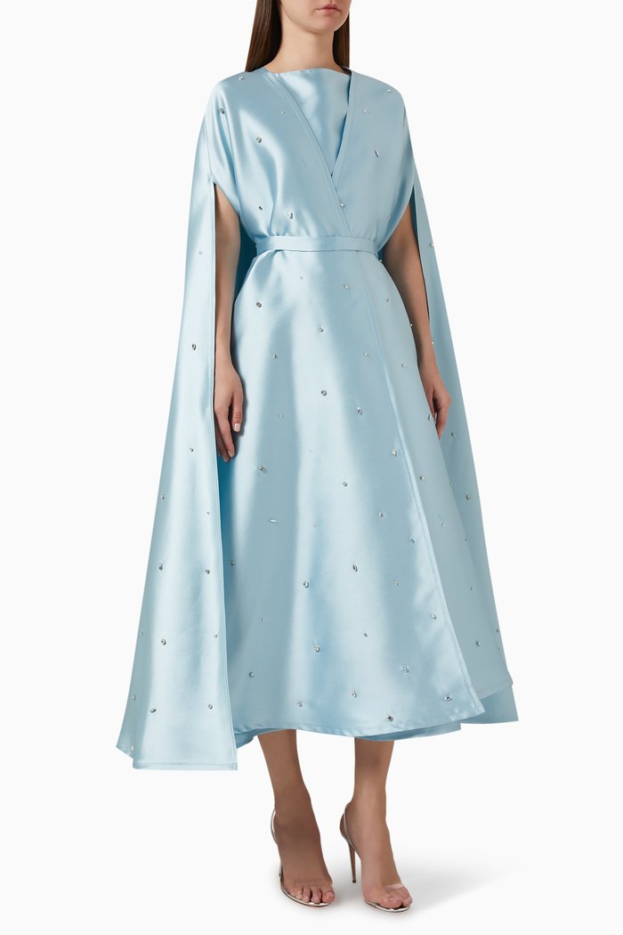 

Crystal-embellished Dress & Cape Set in Brocade, Blue