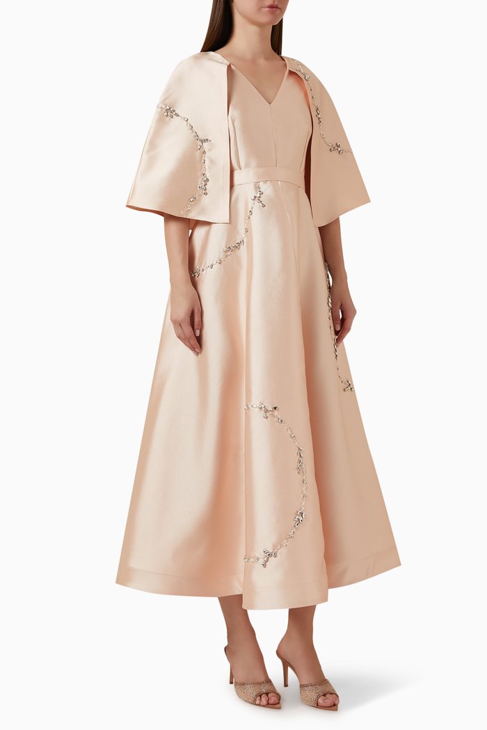 

Embellished Cape-sleeve Dress, Orange