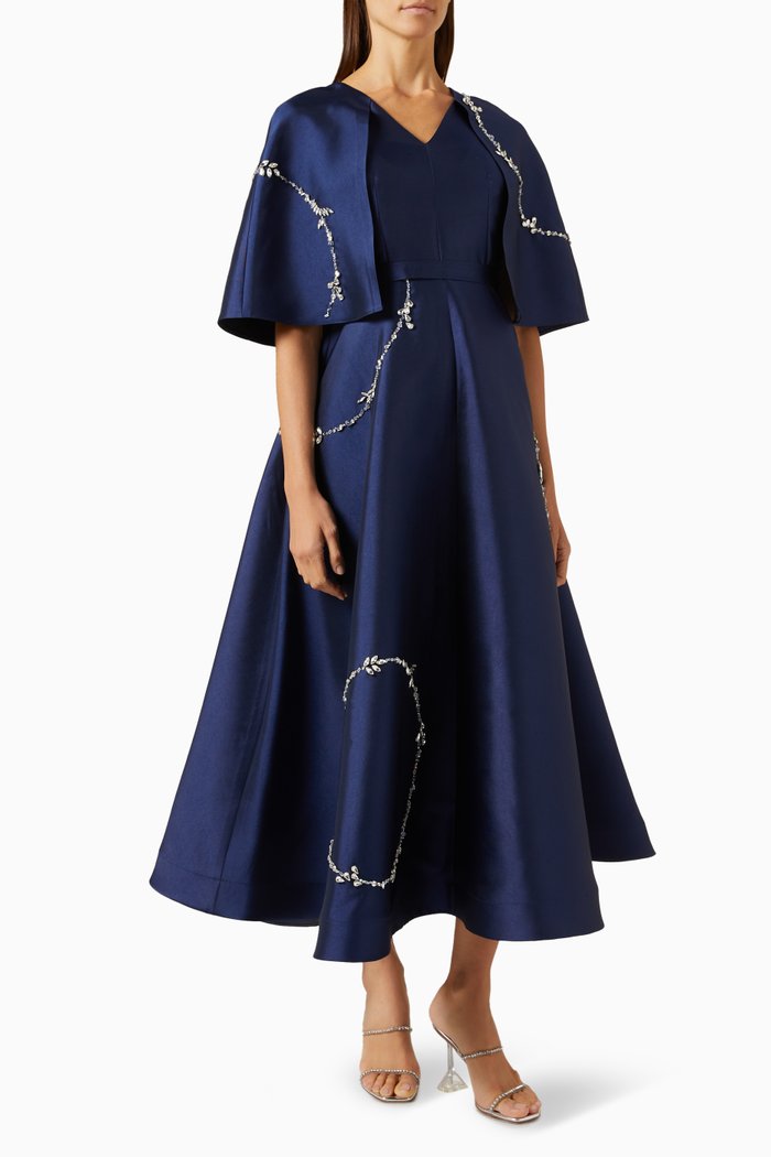 

Embellished Cape-sleeve Dress, Blue