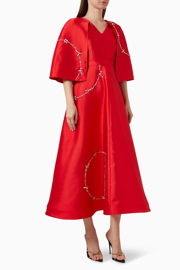 

Embellished Cape-sleeve Midi Dress, Red