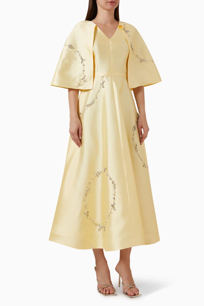 

Embellished Cape-sleeve Dress, Yellow