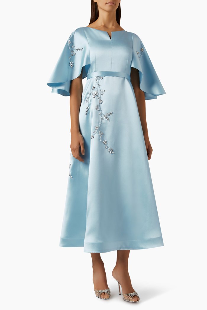 

Embellished Cape-sleeve Dress in Brocade, Blue