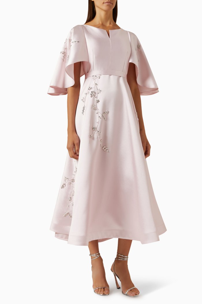Embellished Cape-sleeve Dress in Brocade, Pink
