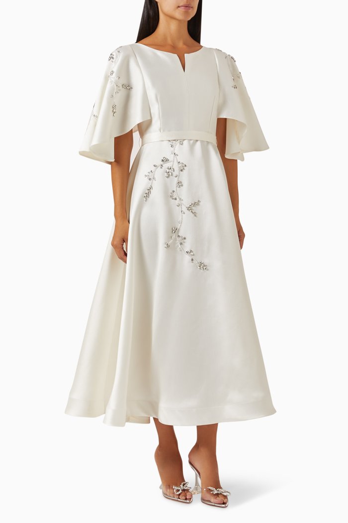 Embellished Cape-sleeve Dress in Brocade, White