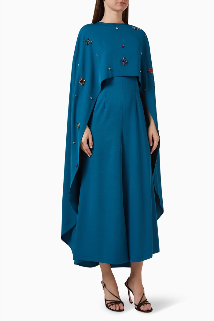 

Embellished Cape & Jumpsuit Set in Stretch-crepe, Blue