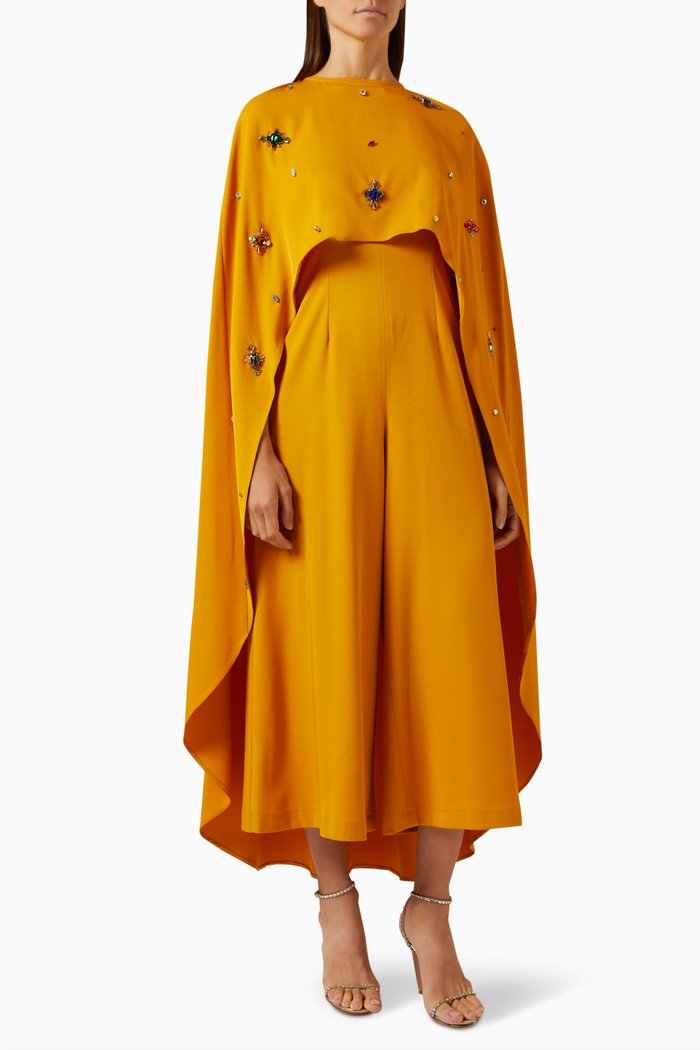 

Embellished Cape & Jumpsuit Set in Stretch-crepe, Yellow