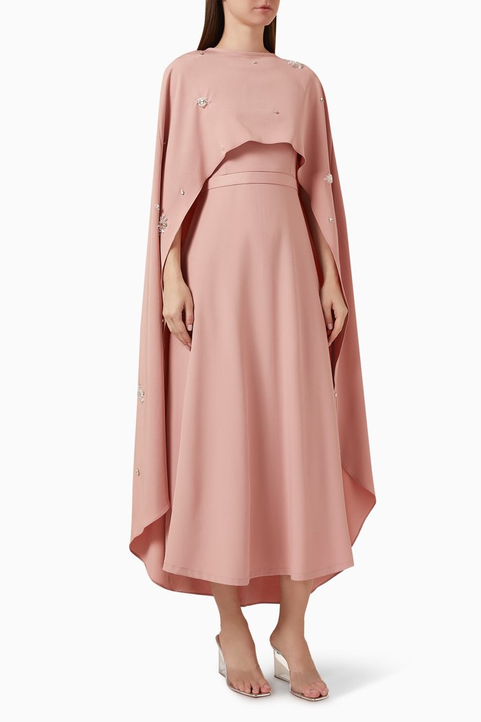 

Crystal-embellished Cape & Dress Set in Stretch-crepe, Pink