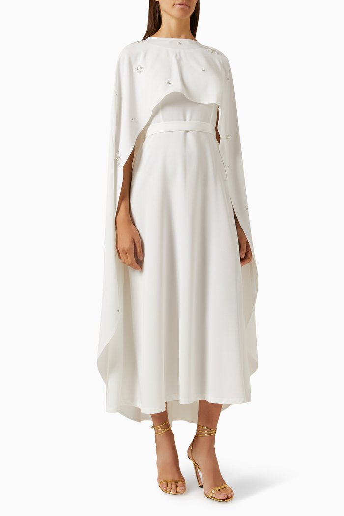 

Crystal-embellished Cape & Dress Set in Stretch-crepe, White