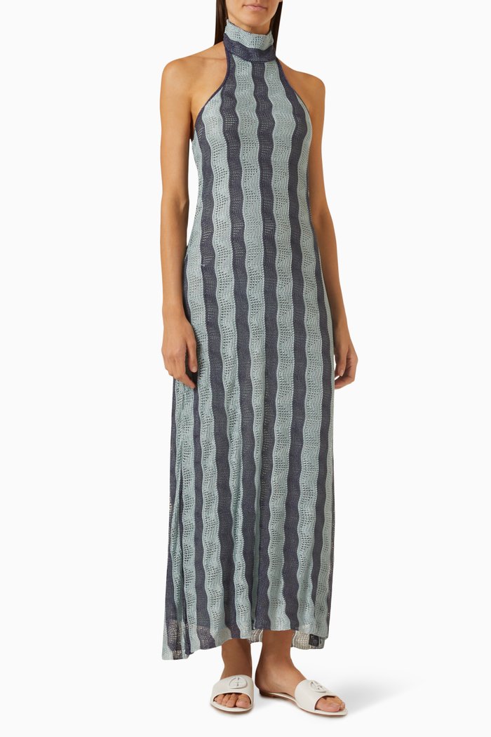 

Love Capsule Halterneck Maxi Dress in Striped Macrame, Blue