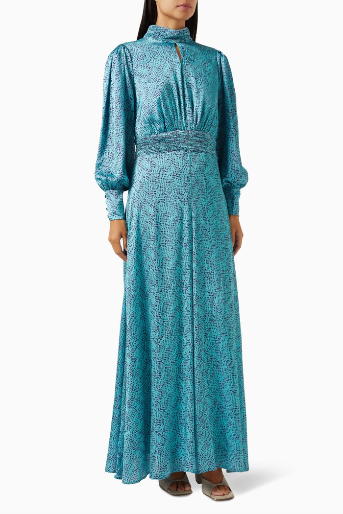 

Daisy Printed Maxi Dress in Satin, Blue