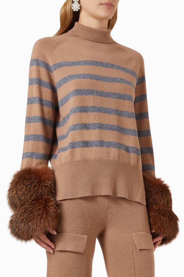 

Striped Turtleneck Sweater with Fox Fur Cuffs in Knit, Multicolour