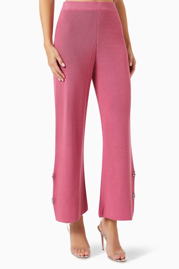 Embellished Wide-leg Pants in Cotton-knit, Pink
