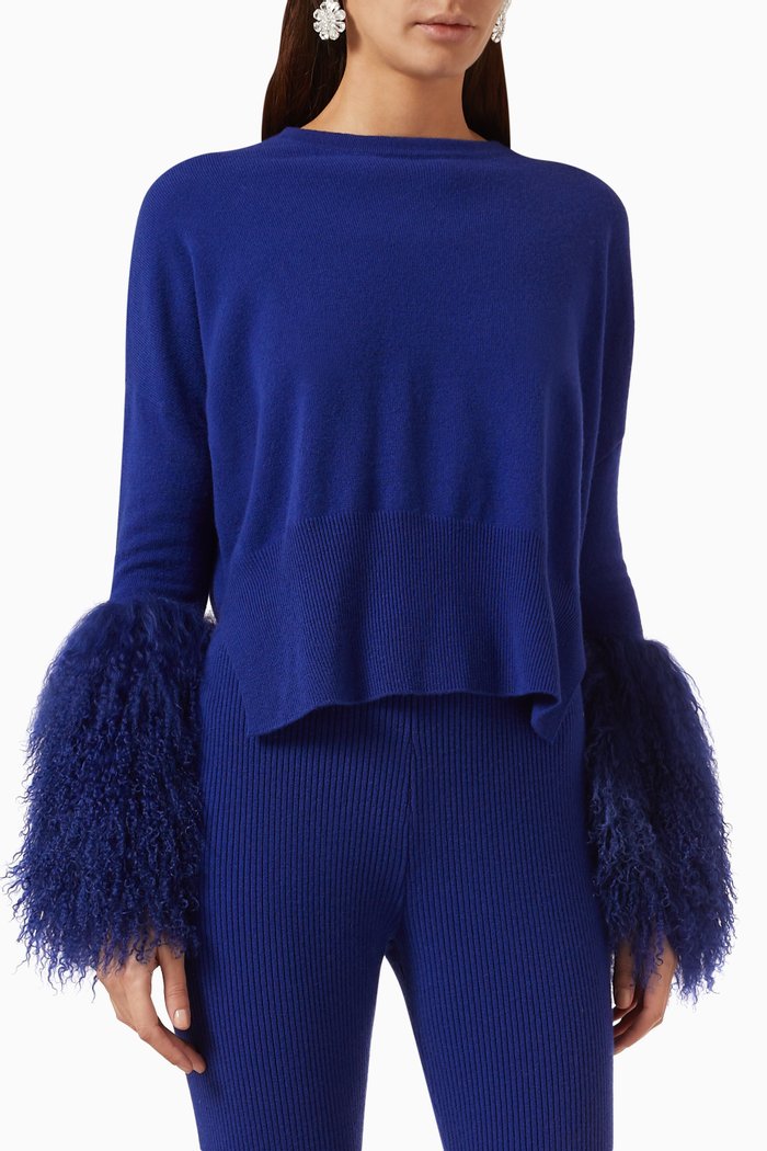 

Lamb Shearling Cuffs Sweater in Merino Wool, Blue
