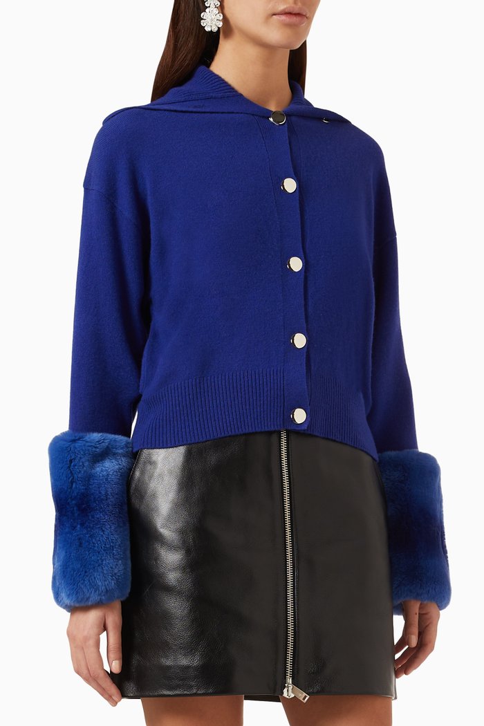 

Buttoned Cardigan with Rabbit Fur Cuffs in Merino Wool, Blue