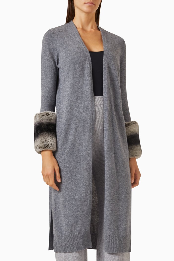 

Fur-trimmed Long Cardigan in Merino Wool, Grey