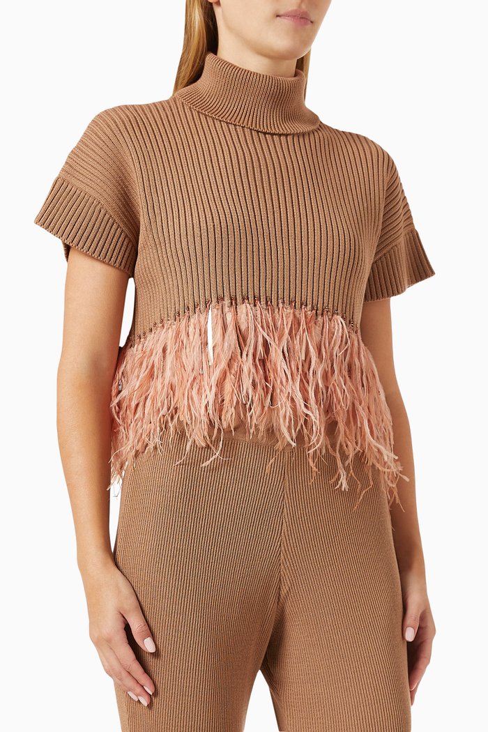 

Ostrich Feather-trim Cop Top in Cotton-knit, Brown