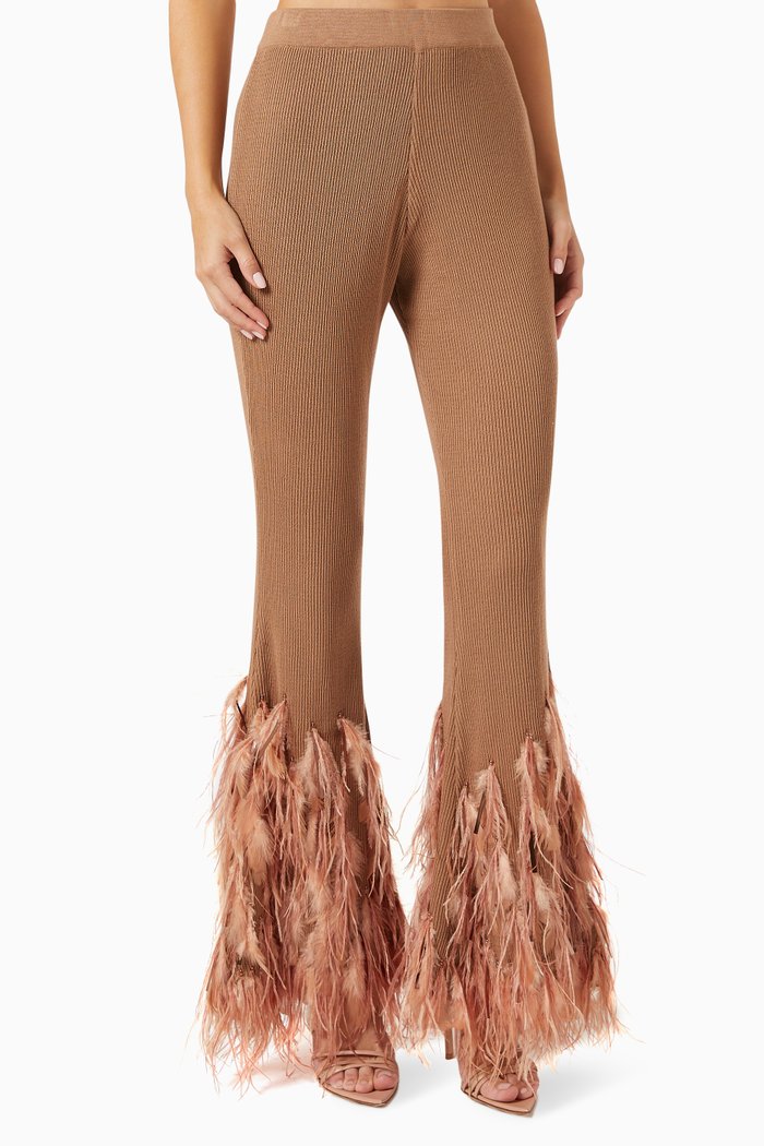 

Ostrich Feather-trim Flared Pants in Cotton-knit, Brown