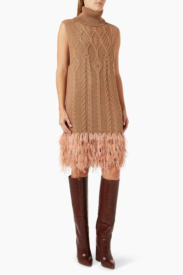 

Ostrich Feather-trim Mini Dress in Cotton-knit, Brown
