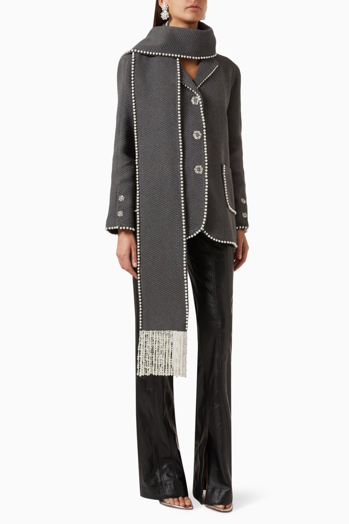 

Pearl-embellished Fringed Coat in Cotton-knit, Grey