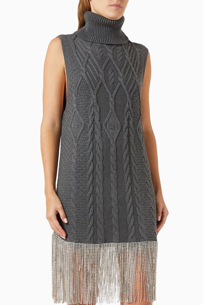Crystal Fringe Mini Dress in Cotton-knit, Grey