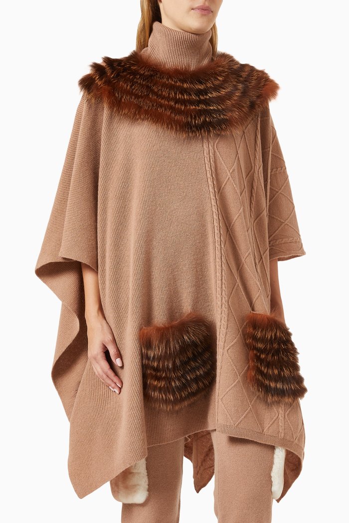 

Fox Fur-trim Poncho in Merino Wool, Brown