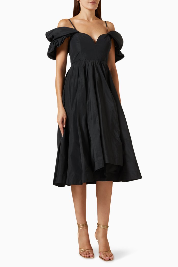 

Ruffled Off-shoulder Midi Dress, Black