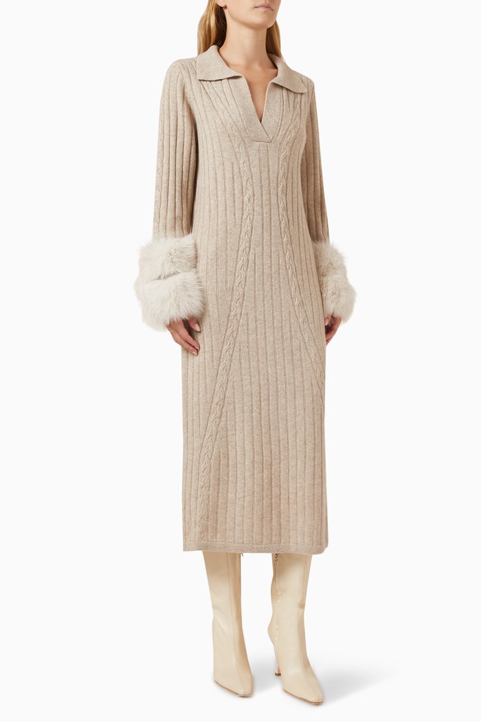 

Fox-fur Cuff Dress in Cable-knit, Neutral