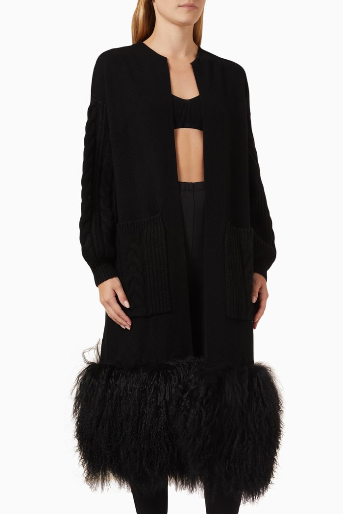 

Shearling-trim Coat in Cable-knit, Black