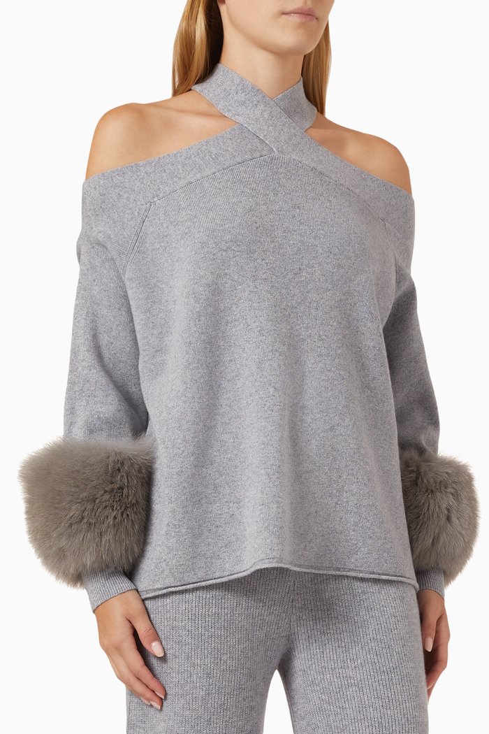 

Fox-fur Cuff Halterneck Sweater in Wool-knit, Grey