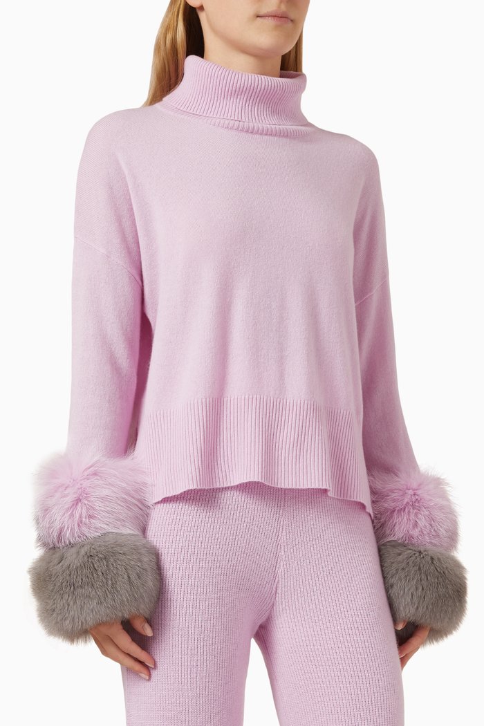 

Fox-fur Cuff Polo Sweater in Wool-knit, Pink