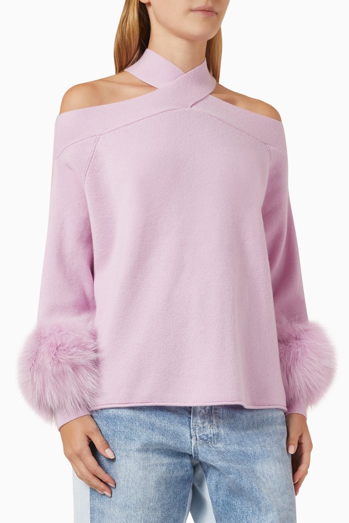 

Fox-fur Cuff Halterneck Sweater in Wool-knit, Pink