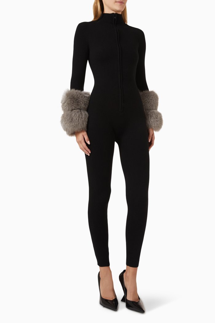 

Fox-fur Cuff Jumpsuit, Black