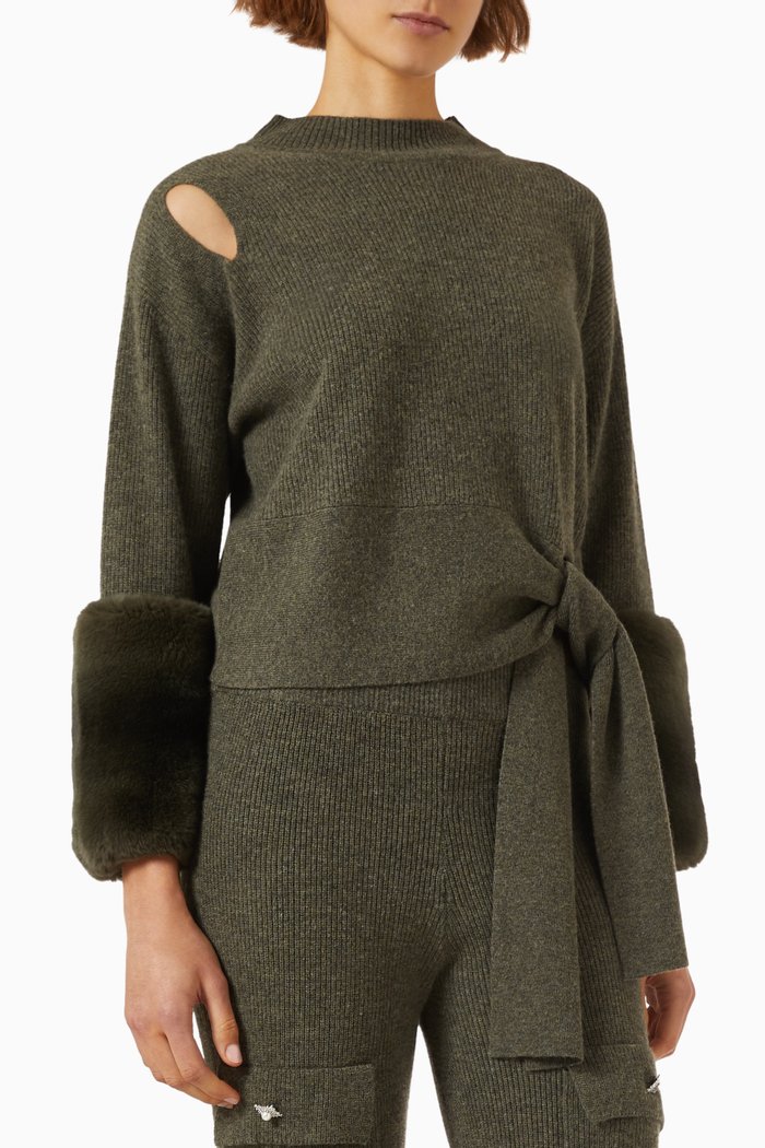 Cut-out Tie-detail Sweater with Chinchilla Cuffs in Wool-cashmere Knit, Green